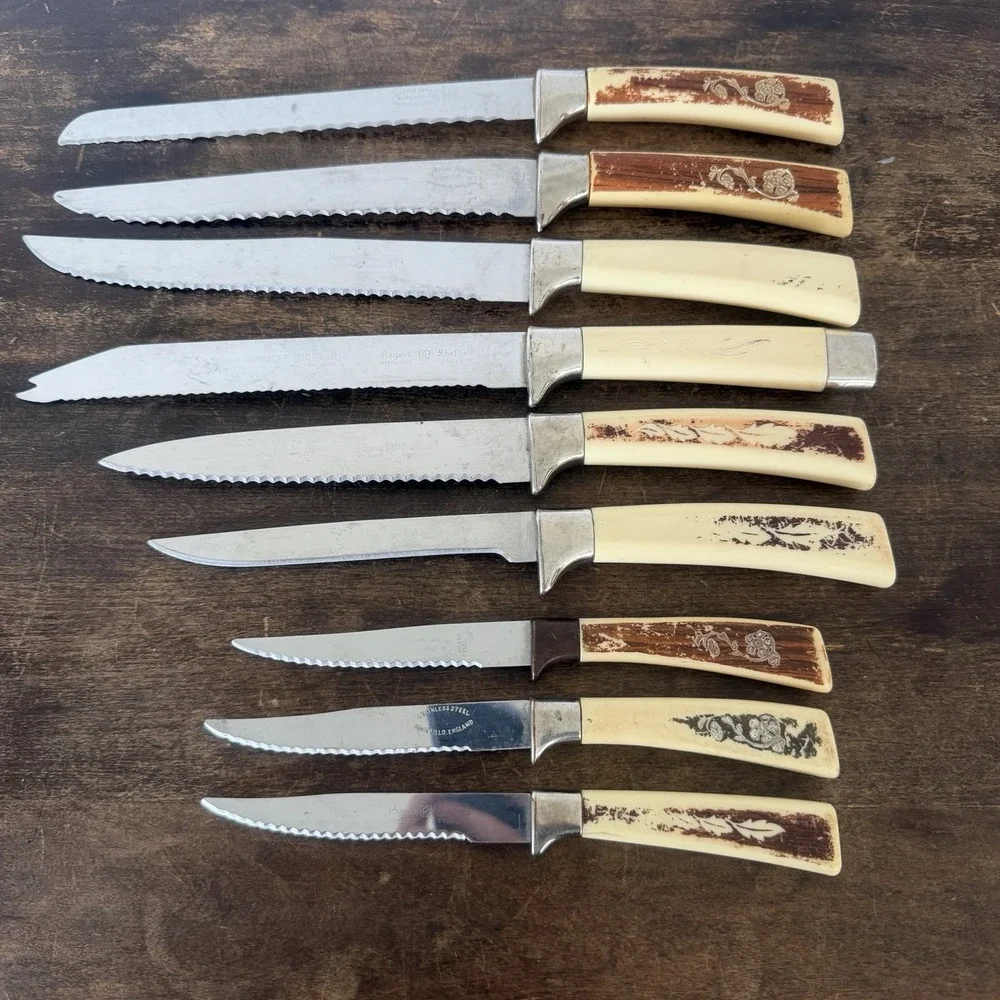 Vintage Mismatched Sheffield England Knife Lot (9 Pcs) Faux Stag Bone Handle MCM